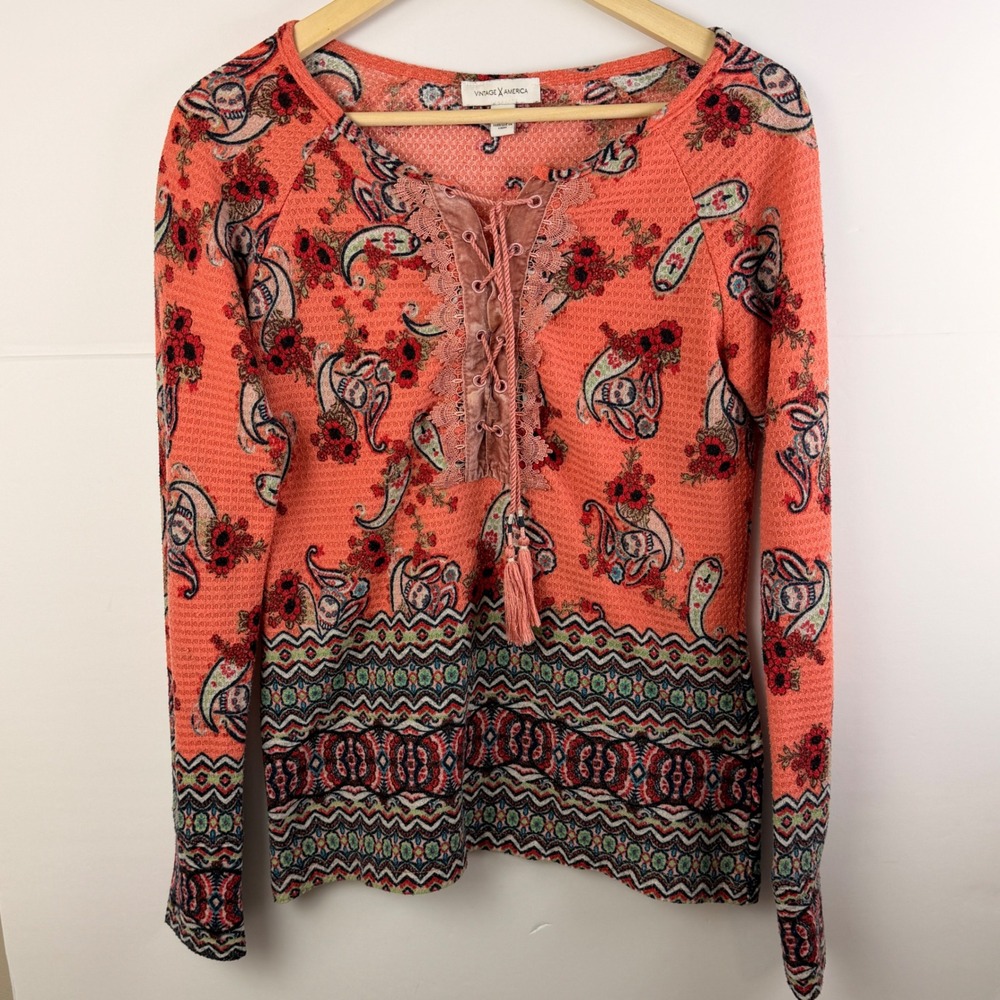 Vintage America Womens Small Coral Paisley Waffle Knit Lace Up Boho Top